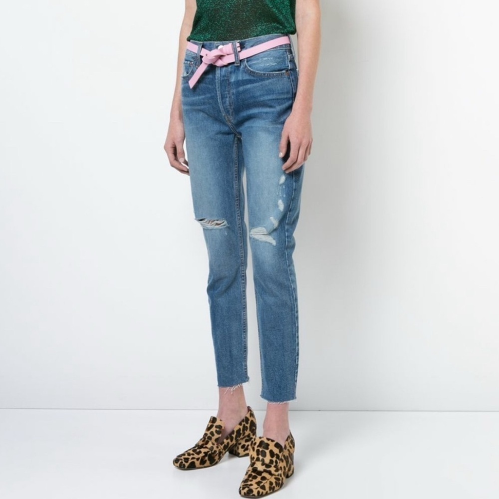 Re/Done Originals Ankle Crop High Rise Distressed Jeans Raw Hem Denim Sz 24